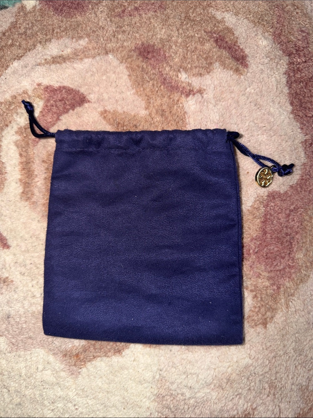 Tory Burch Navy Drawstring Jewelry Pouch with Gold Charm
